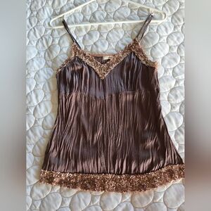 Vintage Brown Sequin Silk Y2k Cami Top Slip Festival Concert Celeb Fairy Holiday